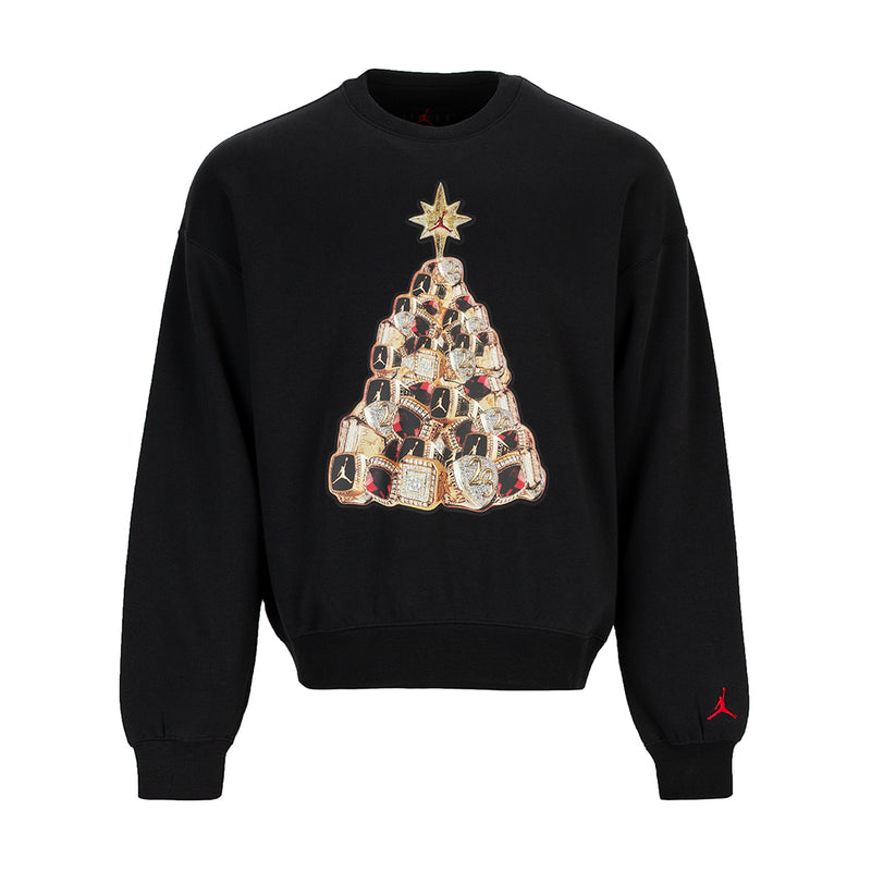 Black men’s fleece crewneck with embroidered holiday tree graphic and gold star