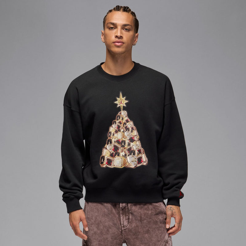 Black men’s fleece crewneck with holiday tree graphic centered on the chest