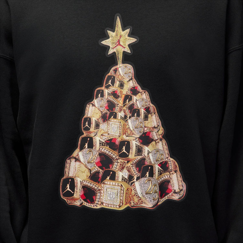 Black crewneck sweatshirt with detailed embroidered holiday tree graphic and star