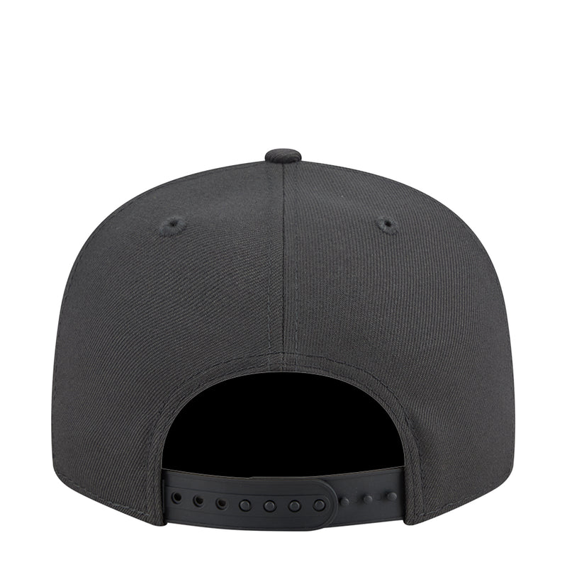 Dark gray baseball cap with open back view, adjustable snapback with eyelets