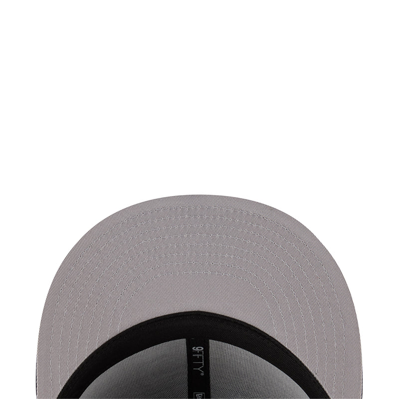 Light gray baseball cap with black inner band, stitched panels and curved brim
