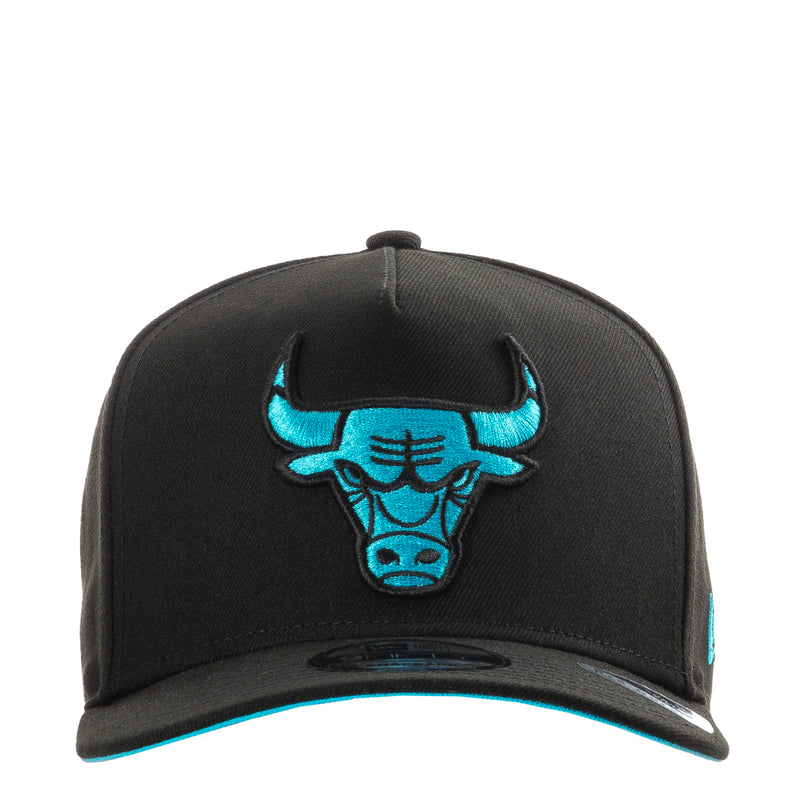 Black A-Frame cap with turquoise bull head patch on front and curved brim