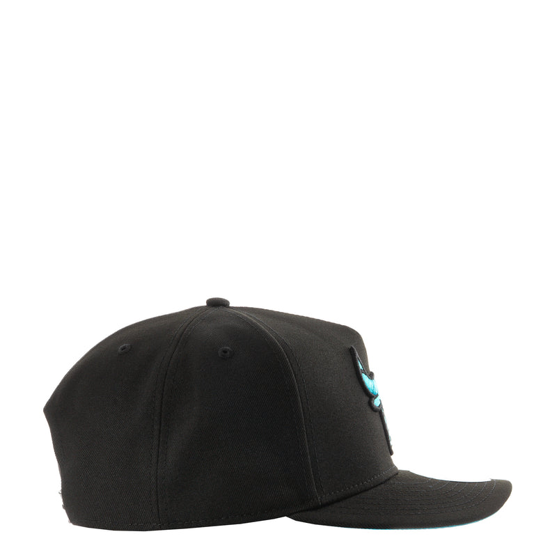 Black A-Frame cap with turquoise side graphic and curved brim