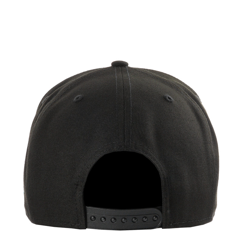 Black A-Frame cap with open back panel and adjustable snapback strap