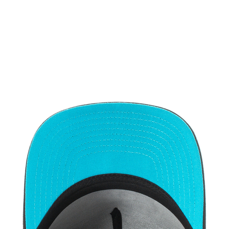 Turquoise cap underside with black inner brim and visible topstitching