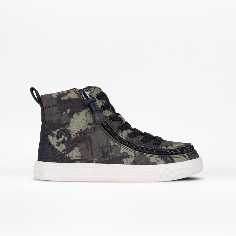 The Camo/White BILLY Classic Lace High by BILLY Footwear features a green and black camo pattern, black laces, an easy-access wraparound zipper, and a white rubber sole, shown on a plain white background.
