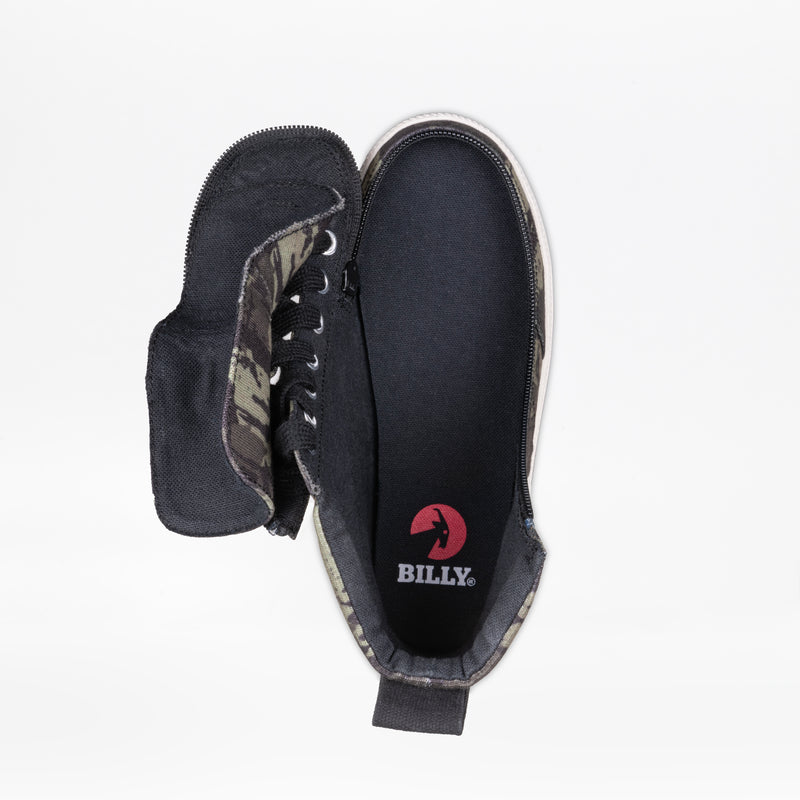 The Camo/White BILLY Classic Lace High from BILLY Footwear features a wraparound zipper revealing the red Billy logo inside the black insole, showcased on a white background. Perfect high top sneakers for kids.