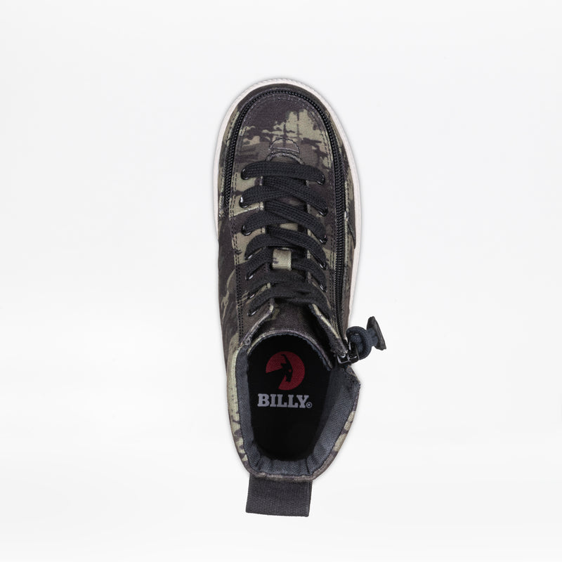 A top view of the Camo/White BILLY Classic Lace High sneaker by BILLY Footwear features a camouflage pattern, black laces, toggle fastener, wraparound zipper, black insole with the BILLY logo, and a heel pull tab.