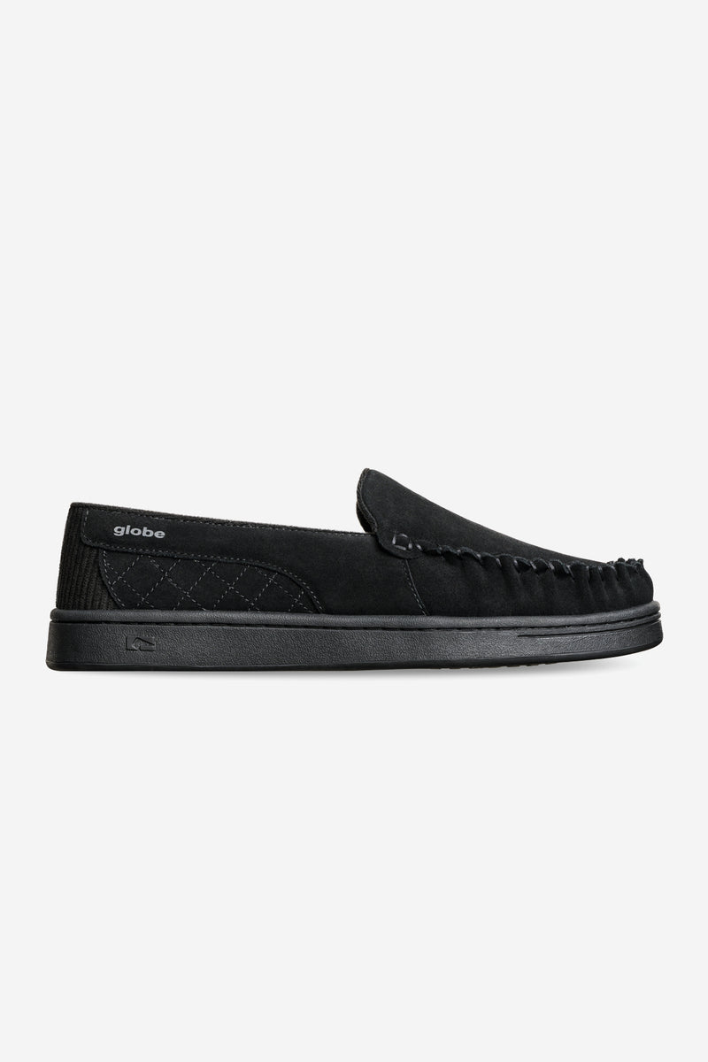Castro black suede loafer with hand stitched moccasin toe side view