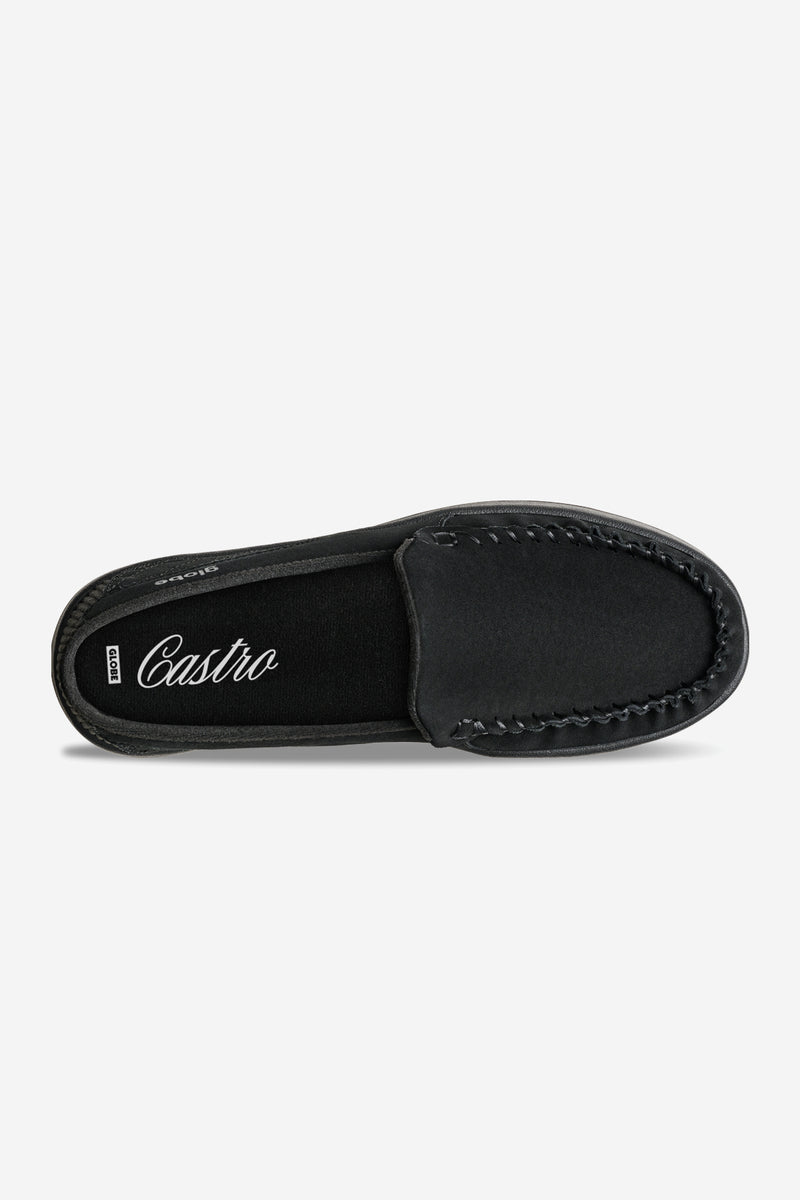 Top view of Castro black suede loafer with moccasin toe stitching and Castro branding inside