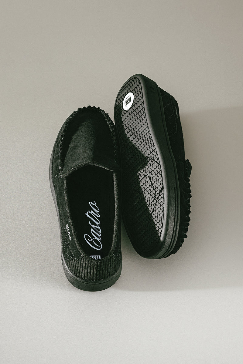 Castro black suede loafer with hand stitched moccasin toe and rugged cupsole