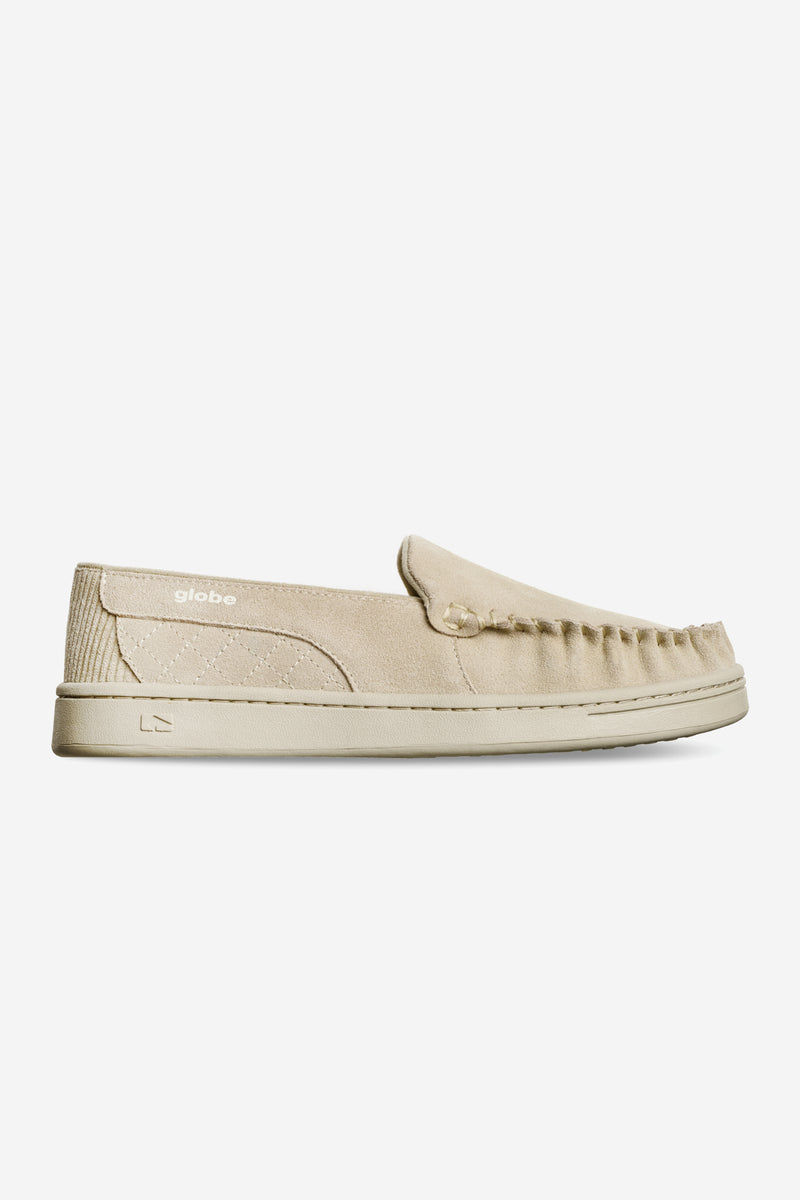 Castro granite moccasin loafer in beige suede with stitched vamp and diamond quilted heel panel