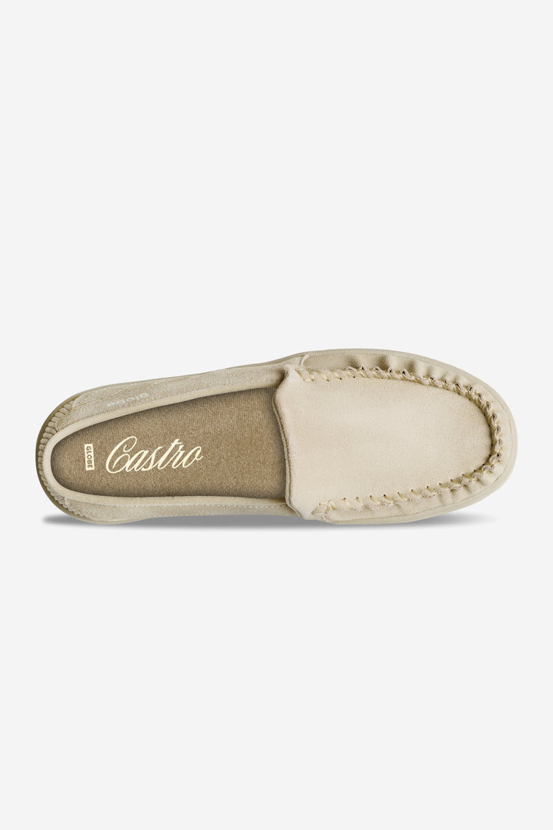 Beige Castro granite loafer shown from the side with moccasin stitching and chunky sole