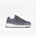 The Charcoal BILLY Goat by BILLY Footwear features a patterned gray mesh upper, gray laces, an easy-access zipper for AFO-friendliness, and a thick white sole—shown on a plain white background.