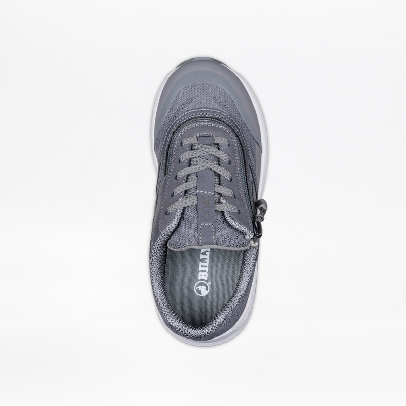 Top view of the Charcoal BILLY Goat by BILLY Footwear, a gray orthotic shoe with laces, an easy on-and-off zipper, rounded toe, and textured fabric design, shown on a white background.