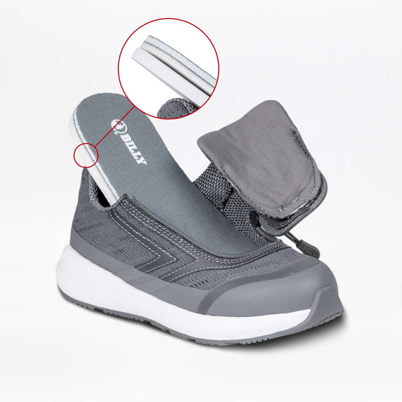 The Charcoal BILLY Goat by BILLY Footwear is a gray and white AFO-friendly shoe with an easy side and front zipper. A magnified inset shows the hook-and-loop fastener on the tongue, and the partially unzipped shoe reveals its interior.