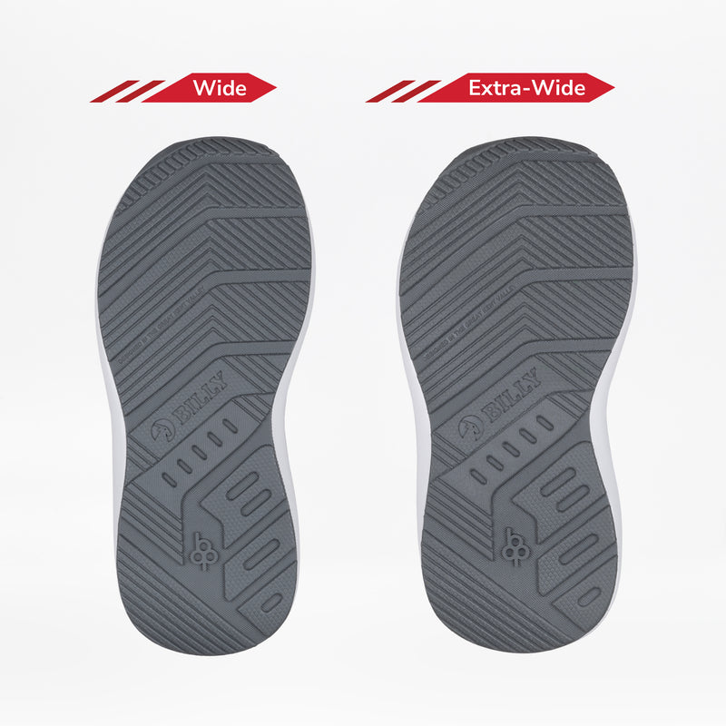 Two gray orthotic insoles for the Charcoal BILLY Goat by BILLY Footwear are displayed side by side on a white background. The left is labeled Wide and the right Extra-Wide, showcasing width options for AFO-friendly shoes.