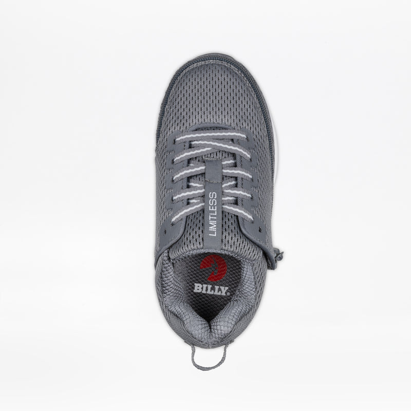 Top view of a Charcoal BILLY Limitless sneaker by BILLY Footwear, featuring white laces, mesh texture, a LIMITLESS tag on the tongue, and the Billy Footwear logo in red and white on the insole. Designed for sensory-friendly comfort.