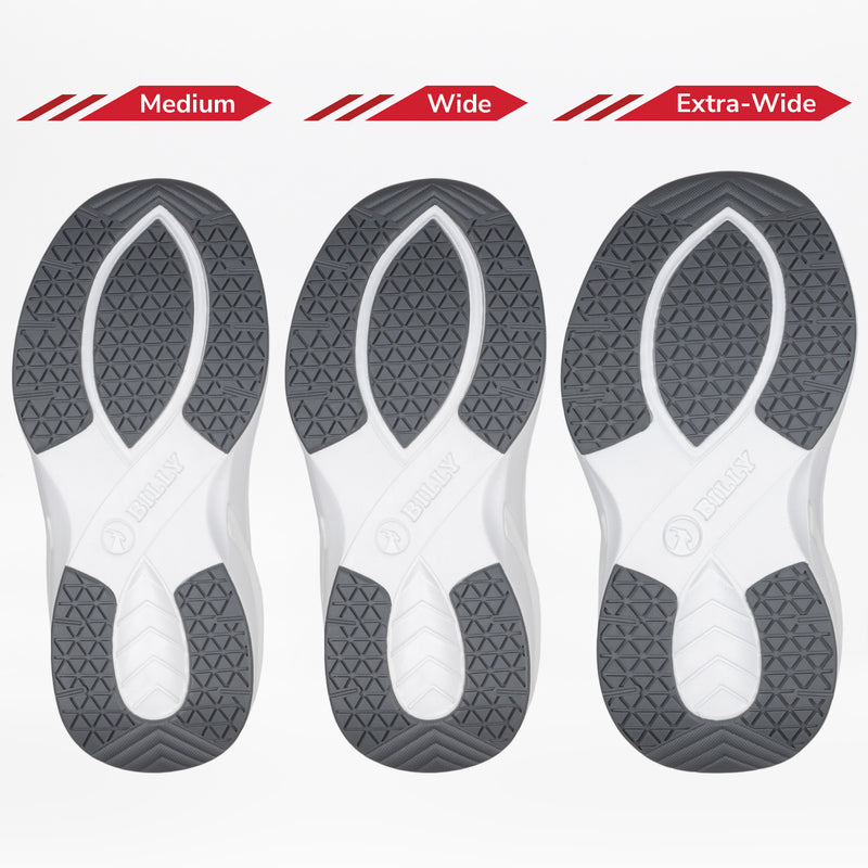 Three shoe soles labeled Medium, Wide, and Extra-Wide show the different widths and shapes available for Charcoal BILLY Limitless by BILLY Footwear—ideal for sensory-friendly kids' shoes.