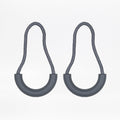 Two charcoal zipper pulls with rubber half loops and charcoal cord on a white background