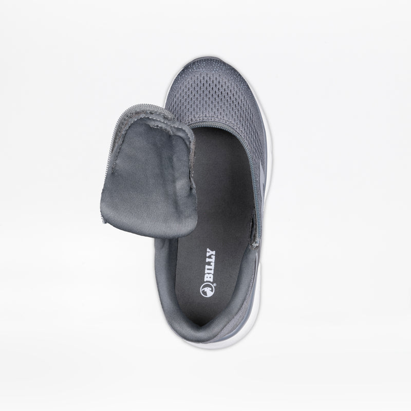 Top view of the Charcoal BILLY Sport Inclusion sneaker by BILLY Footwear, featuring a partially open side zipper and folded upper flap, showcasing its adaptive design and visible interior labeled BILLY.