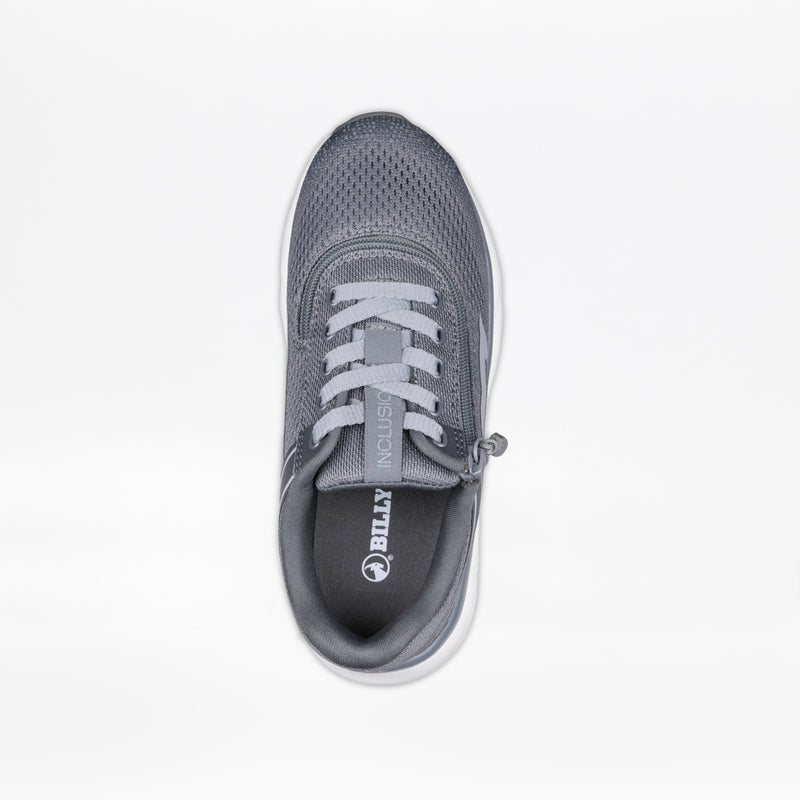 A top-down view of the Charcoal BILLY Sport Inclusion kids sneaker by BILLY Footwear features a gray mesh upper, white sole, side zipper for easy access, and an insole labeled BILLY INCLUSION, emphasizing adaptive comfort.