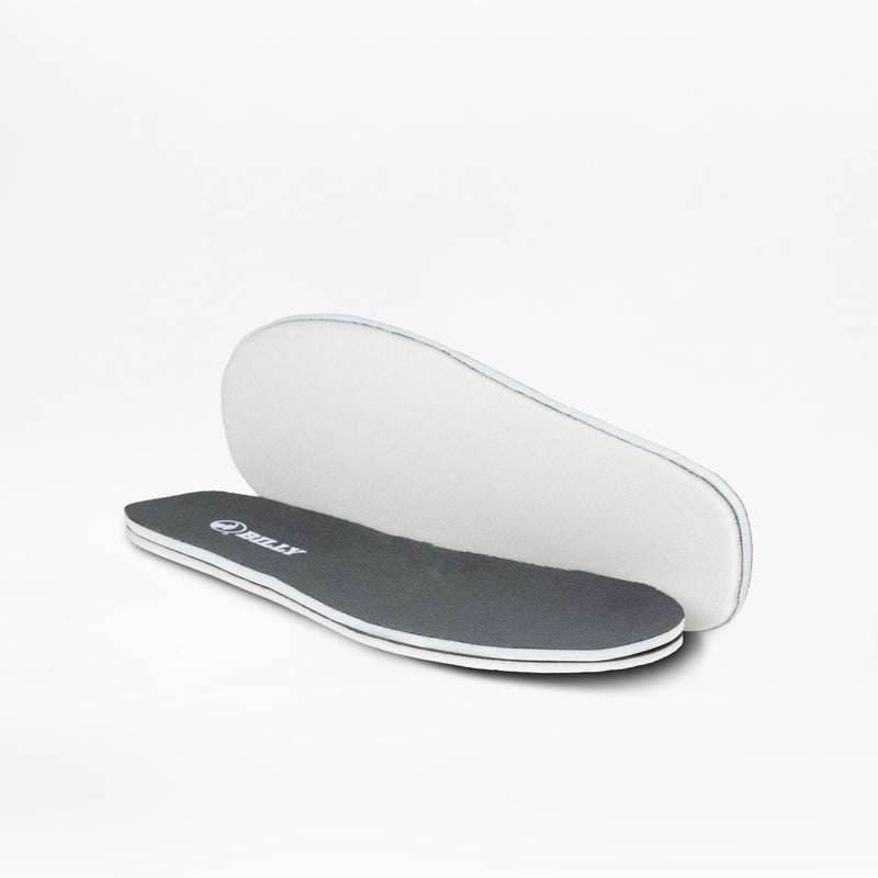 A pair of Charcoal BILLY Sport Inclusion insoles by BILLY Footwear are shown on a white background, with one lying flat and the other propped up to highlight both the top and bottom.