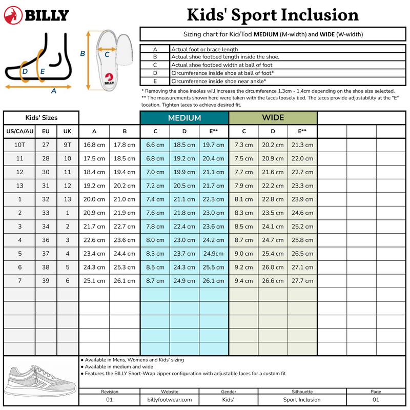 The SALE - Pink Marble BILLY Sport Inclusion sizing chart by BILLY Footwear lists US, CA, UK, and EU sizes with foot length, width, and circumference for medium and wide fits. An illustration guides kids’ sneaker measurements.