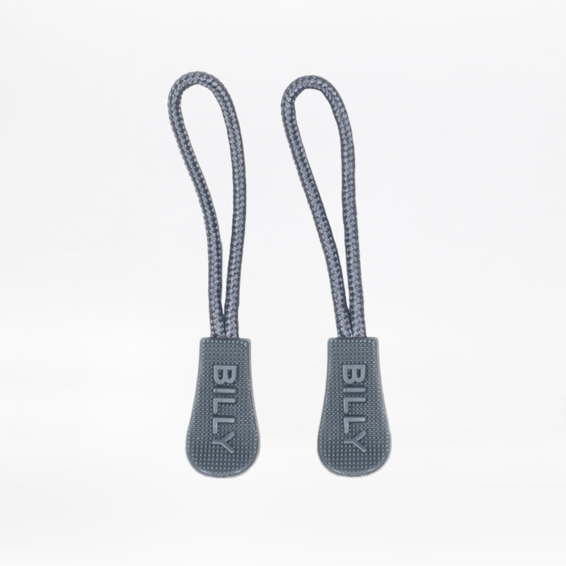 Two grey zipper pulls with 'BILLY' branding on a white background