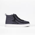 The BILLY Footwear Kids'/Toddler CS High in Charcoal is a gray high top sneaker with black laces, a side zipper for easy access, black accents, and a white rubber sole. Ideal zipper shoes for kids seeking an adjustable fit. Displayed on a plain white background.