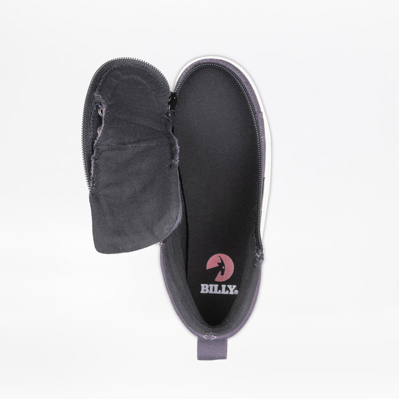 The Charcoal/Black BILLY CS High by BILLY Footwear is a kids’ high top sneaker shown from above with the wrap zipper open, revealing the interior BILLY logo and unicorn graphic on the insole, plus a white sole and heel pull tab.