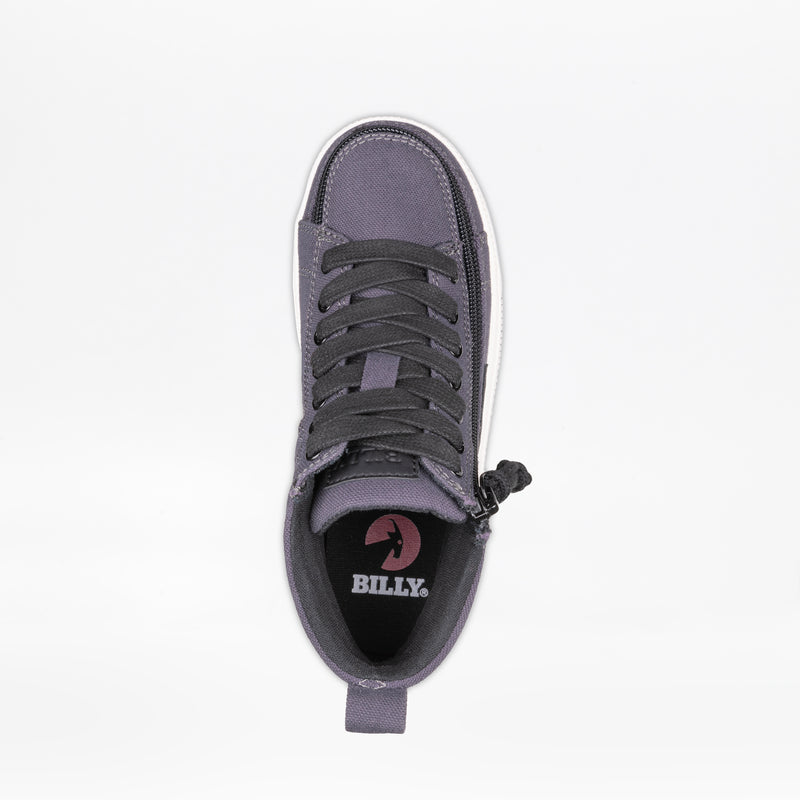 Top view of the Charcoal/Black BILLY CS High kids high top sneaker by BILLY Footwear, featuring black laces, a full wrap zipper, and the BILLY logo on the insole, set against a plain white background.