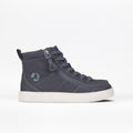 The BILLY Footwear Kids'/Toddler Classic Lace High in Charcoal/White features adjustable laces, a wraparound zipper, a white sole, and a circular logo, shown against a plain white background.