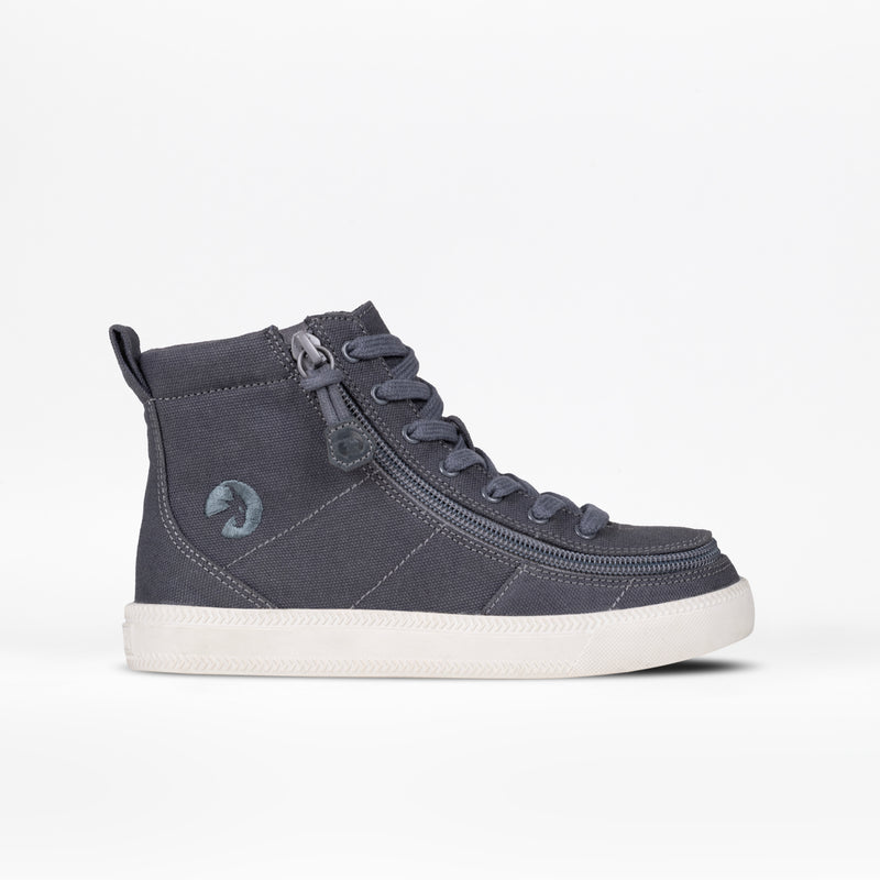 The BILLY Footwear Kids'/Toddler Classic Lace High in Charcoal/White features adjustable laces, a wraparound zipper, a white sole, and a circular logo, shown against a plain white background.