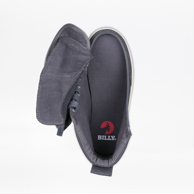 A Charcoal/White BILLY Classic Lace High sneaker by BILLY Footwear is shown from above on a white background, with its upper unzipped wide by a wraparound zipper to reveal the insole featuring the red BILLY logo.
