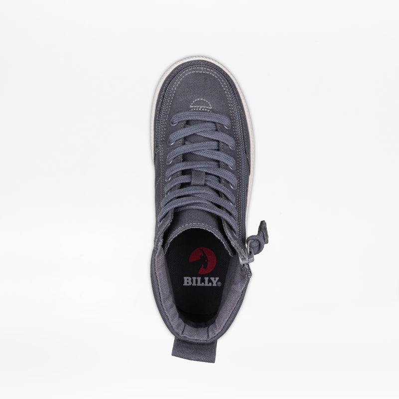 Top view of the Charcoal/White BILLY Classic Lace High by BILLY Footwear, a gray lace-up sneaker with a wraparound zipper and the white and red BILLY logo on the black insole, seen on a plain white background.