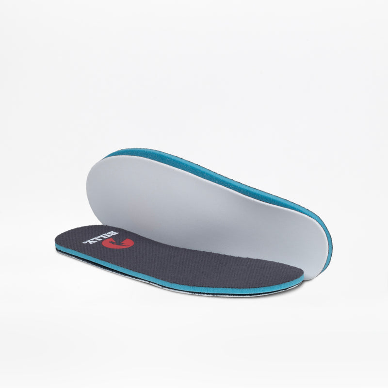 A pair of charcoal and white insoles by BILLY Footwear, made for the Charcoal/White BILLY Classic Lace High, with one lying flat and one upright, are shown on a white background.