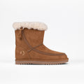 The Chestnut BILLY Cozy II by BILLY Footwear is a women's boot featuring a side zipper, rounded toe, light brown rubber sole, and cream faux fur lining at the top, shown against a plain white background.