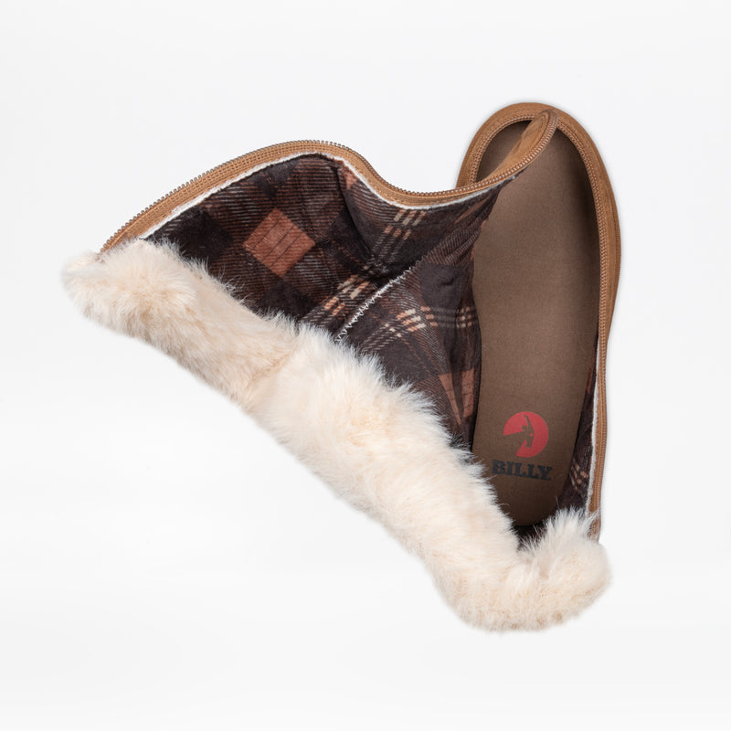 The Chestnut BILLY Cozy II by BILLY Footwear features a brown plaid flannel-lined zipper boot design with soft fur lining. It opens flat to reveal the interior, and the BILLY logo appears on the insole.