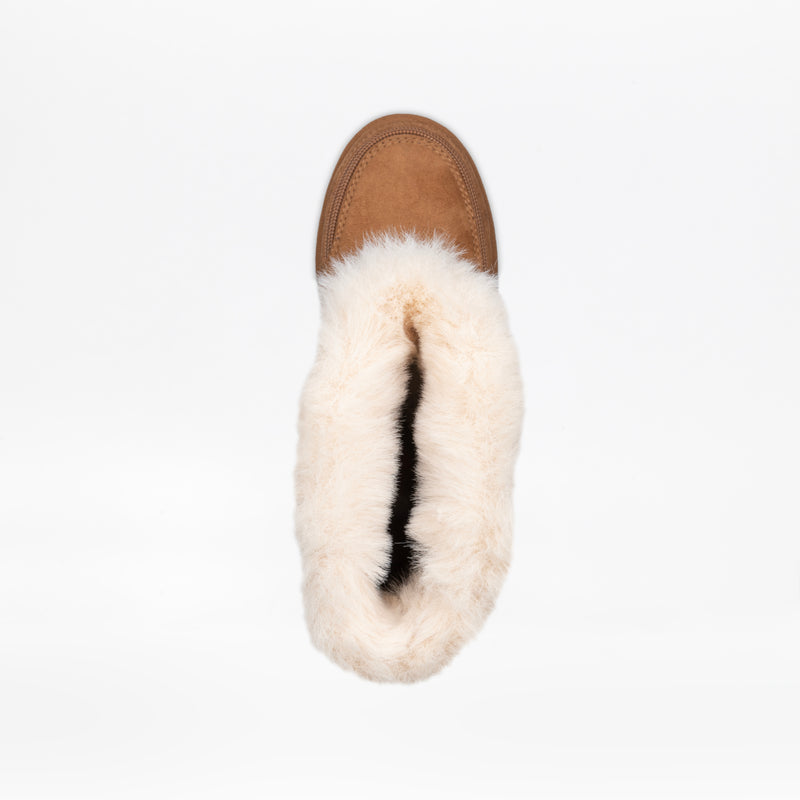 Top view of the Chestnut BILLY Cozy II by BILLY Footwear in tan suede, with a thick white fur lining and flannel-lined zipper, shown on a plain white background.