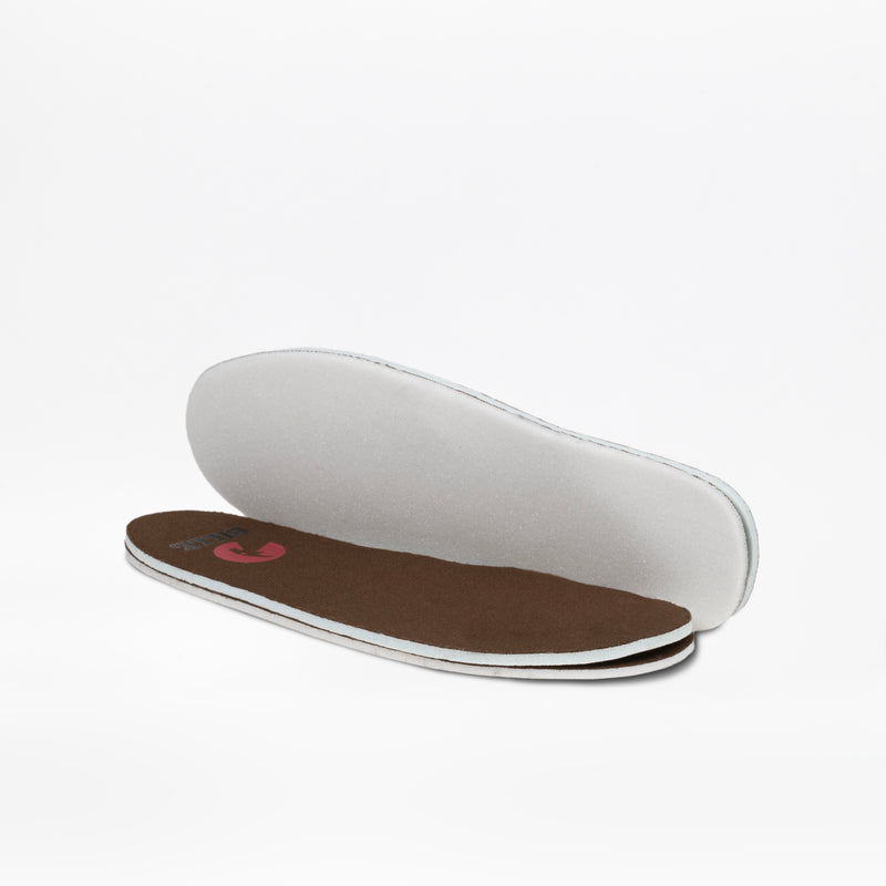 Two brown and white insoles for the Chestnut BILLY Cozy II by BILLY Footwear are stacked with the brown side up on a white surface, featuring a small pink logo on the top insole.
