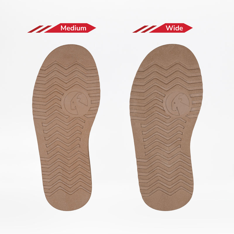 Two brown outsoles from the Chestnut BILLY Cozy II women's boots by BILLY Footwear are side by side on a white background. The left is labeled Medium and the right Wide, showing the width and shape difference of this flannel-lined zipper boot.