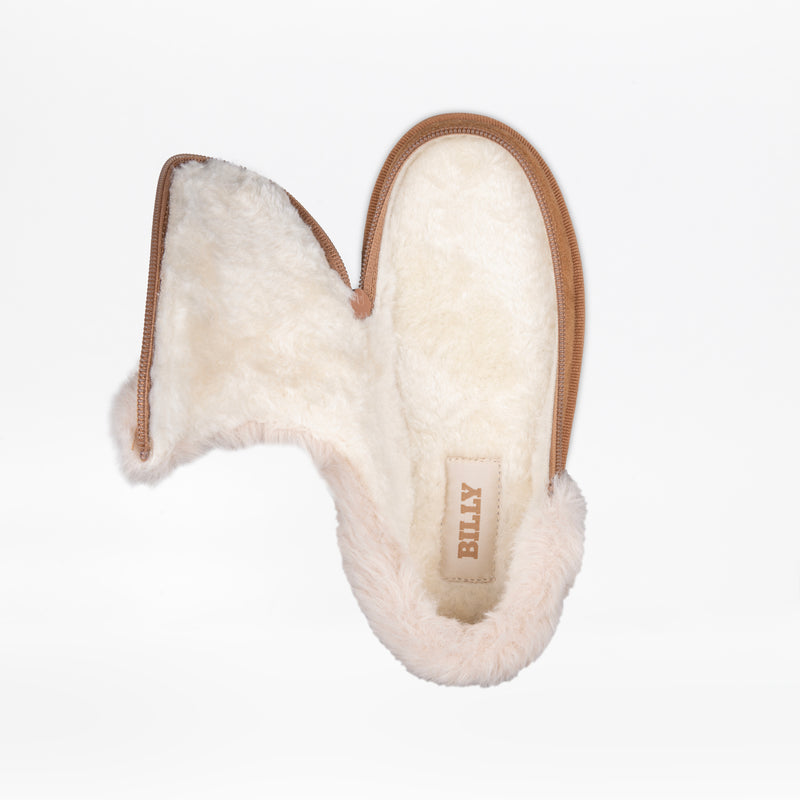 A single Chestnut BILLY Cozy Slipper for women by BILLY Footwear, lined with fluffy white faux fur and shown from above. The unzipped side reveals the soft interior and branded insole, making it ideal for those seeking wide slippers.