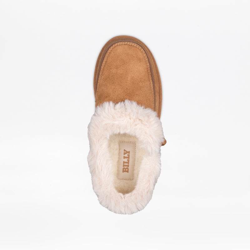 A single chestnut BILLY Cozy Slipper by BILLY Footwear with fluffy white faux fur lining, shown from above on a white background. The insole is labeled BILLY, perfect for women's slippers or wide slippers seekers.