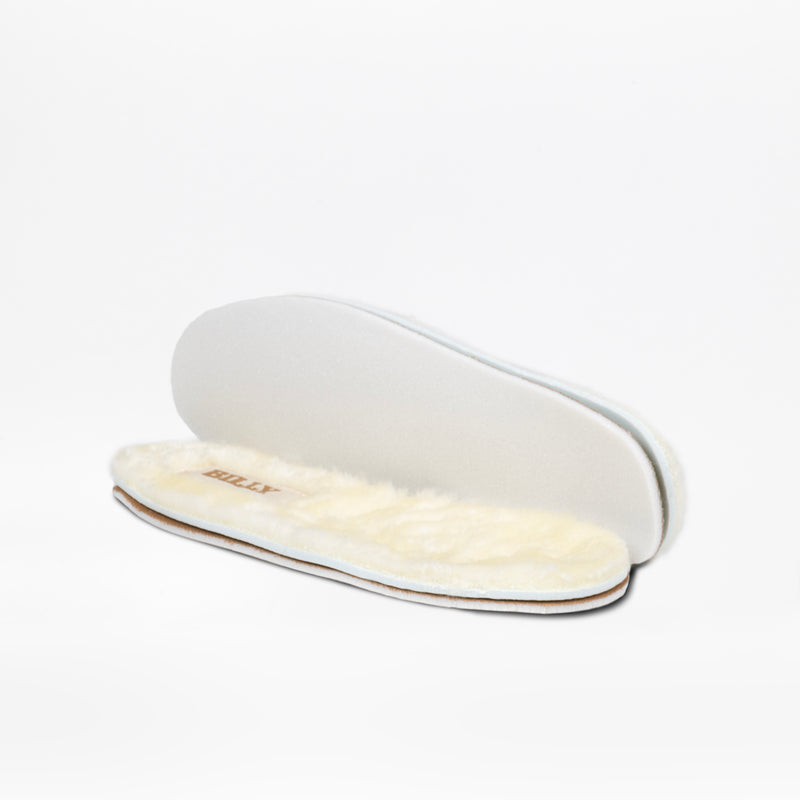 A pair of cream-colored, plush insoles with soft tops and white bottoms, perfect for enhancing comfort in your Chestnut BILLY Cozy Slipper by BILLY Footwear. Shown on a plain white background.