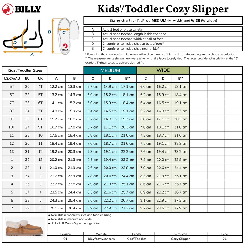 Sizing chart for the Chestnut BILLY Cozy Slipper by BILLY Footwear, showing US, UK, and EU sizes for medium and wide widths. Includes a shoe diagram and a photo of a brown slipper with fur lining.