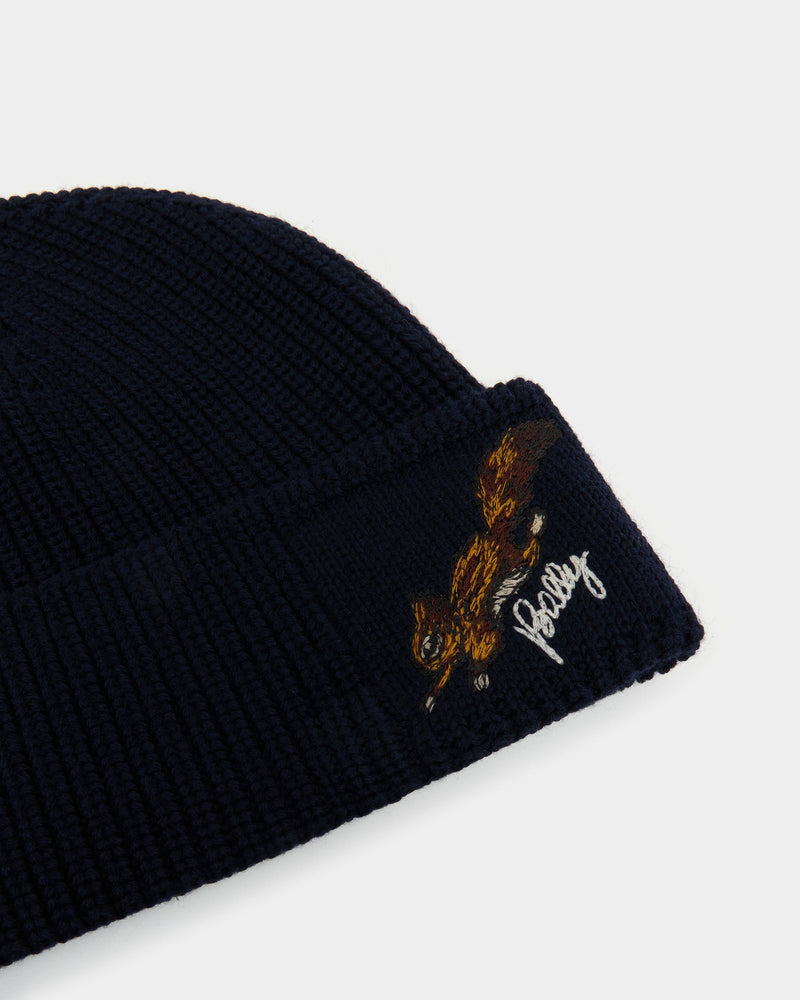Christmas Beanie in Navy Blue Wool With a Bally Logo And Squirrel