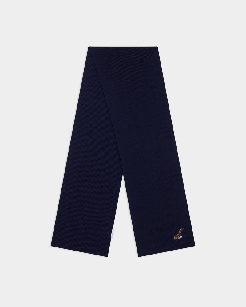 Christmas Scarf in Navy Blue Wool With a Bally Logo And Squirrel