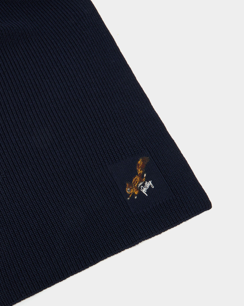 Christmas Scarf in Navy Blue Wool With a Bally Logo And Squirrel