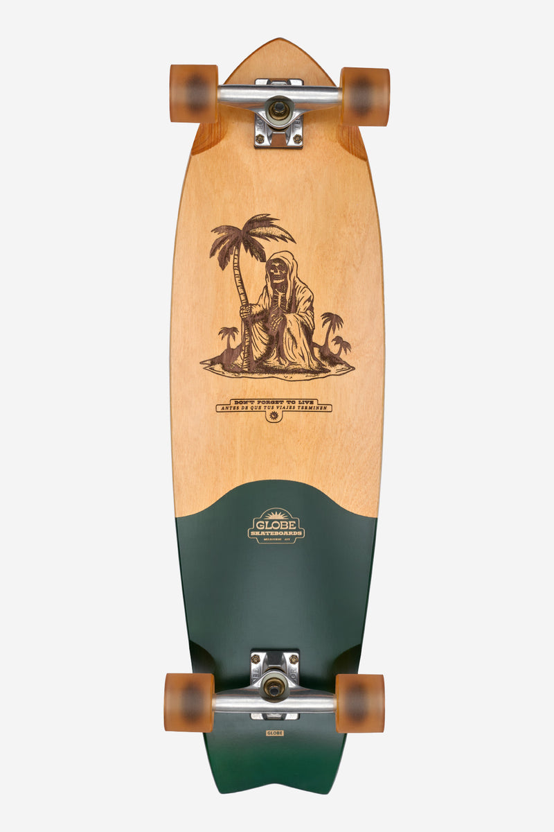 Chromantic Beach Bum 33 inch swallowtail cruiser board top view with black grip tape and teal wheels